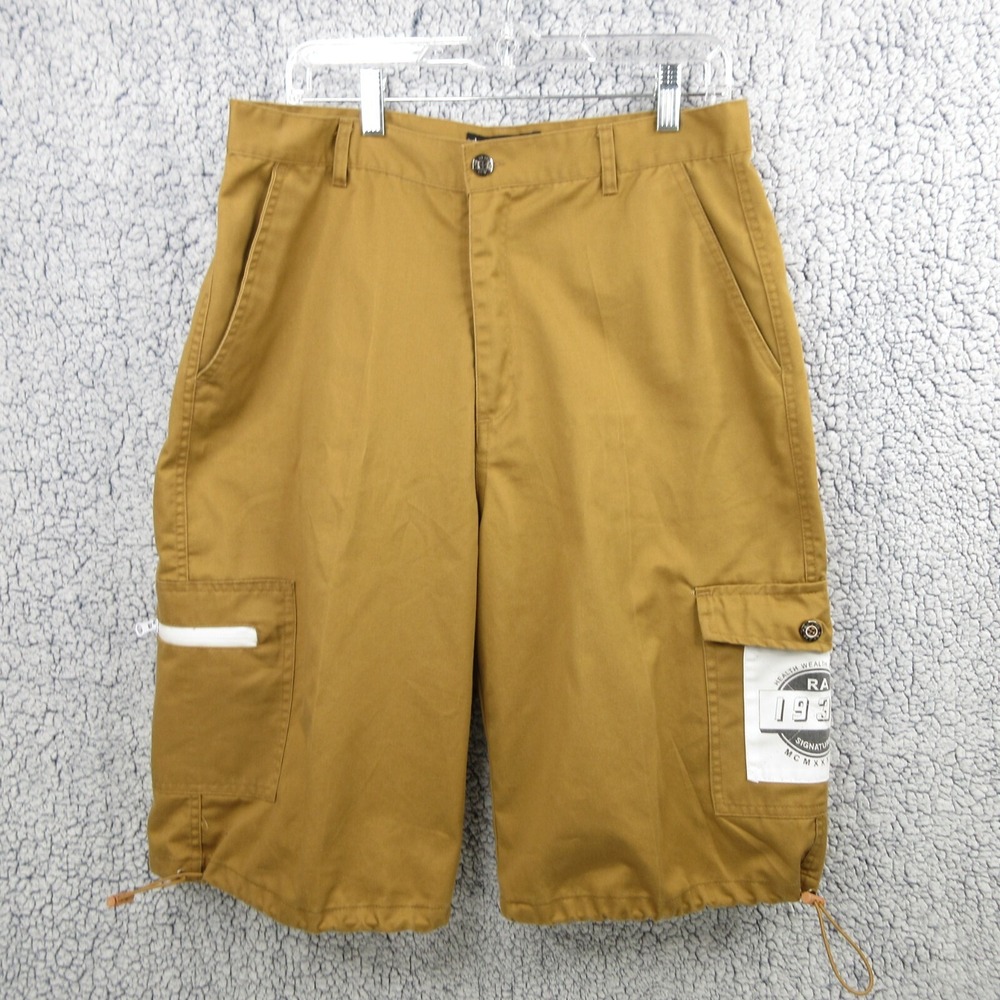 Red Ape Cargo Shorts Mens 34 Brown Graphic Patch Adjustable Hem Utility Twill